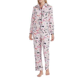 Kate Spade 2PC Notch Collar Pajama Set Lipstick Bow Makeup Pink Size XL